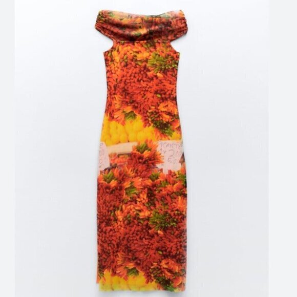New Zara Picante All Over Print Over The Shoulder Tulle Maxi Dress NWT Small - Picture 6 of 12